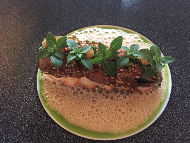 Langoustine, LUMA-Bauch, Spinat und Wasabi