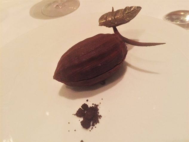 Peru Schokolade in einer Kakaoschote, geeist, schaumig, crunchy, Schokoladensorbet mit Zitronengras