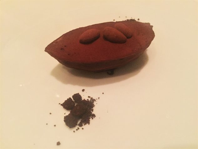 Peru Schokolade in einer Kakaoschote, geeist, schaumig, crunchy, Schokoladensorbet mit Zitronengras