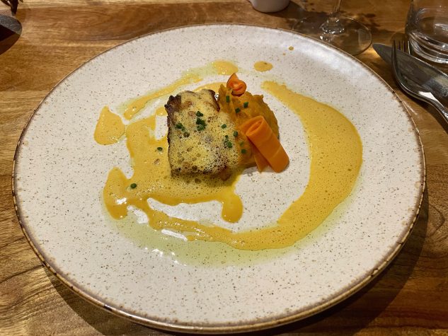 Schweinebauch / Karotten-Ingwer-Püree / Kokosmilch-Curry-Sauce