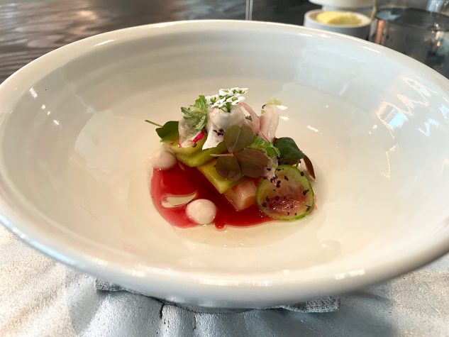 Aged Saibling, Kiwi, Shiso, Kombucha, Cassisholz