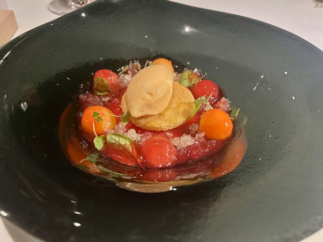 Melone und Wassermelone, Sablé, Melonensorbet, Ziegenkäsecreme, Johannisbeer-Coulis